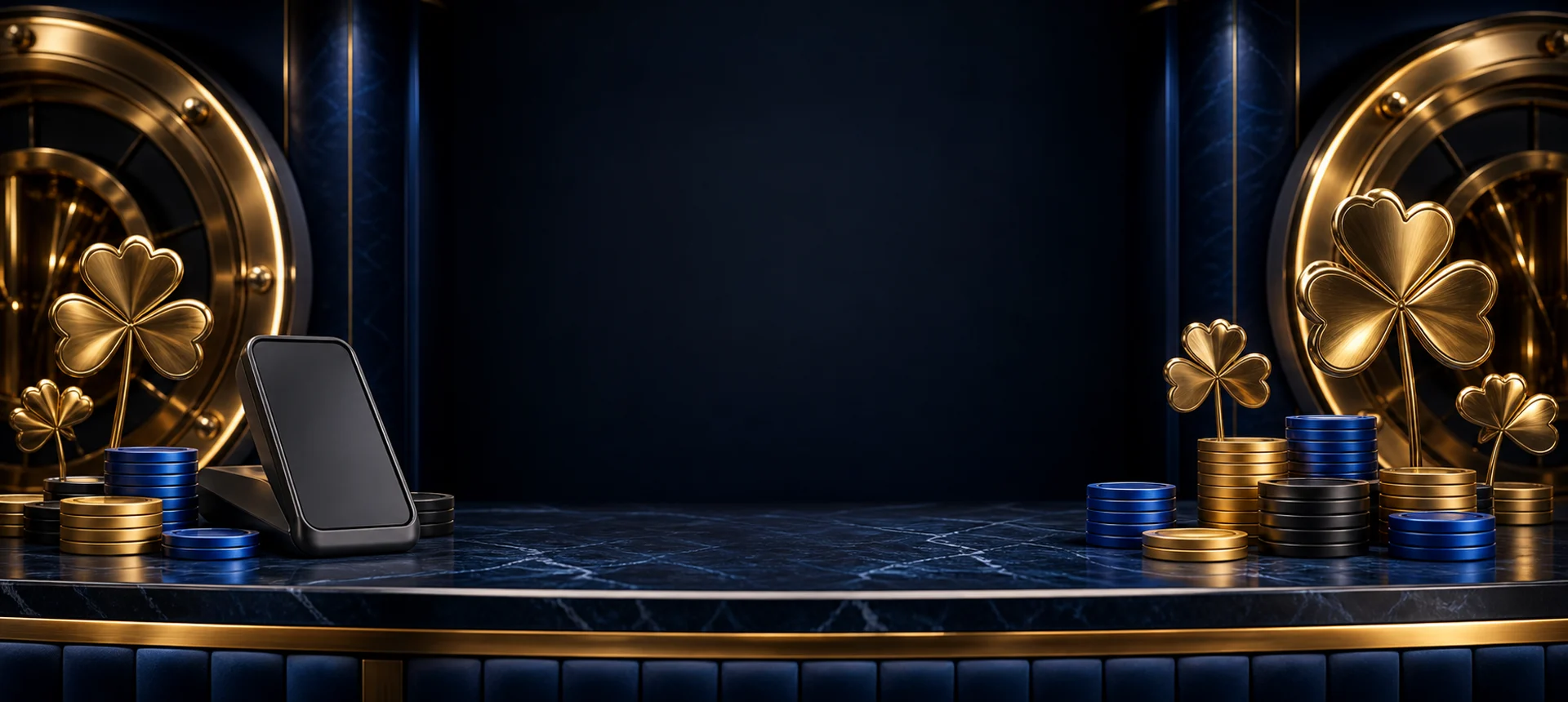 Blue and gold casino cashier scene with clover details